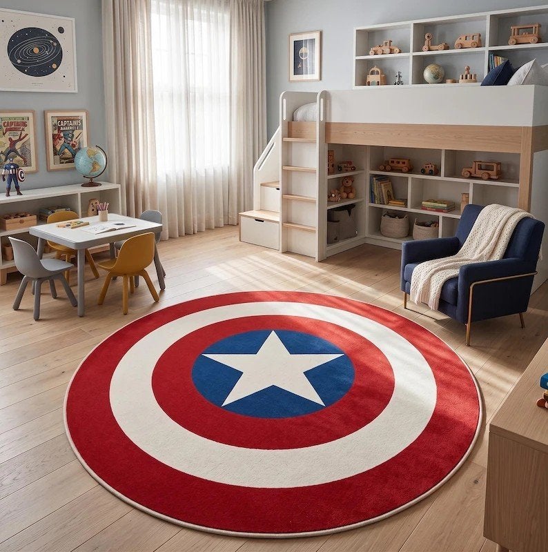 Captain America Vloerkleed Marvel - Groot Rond nieuw, Superheld, Kinderkamer, Speels, Nieuw, Ophalen of Verzenden, 100 tot 150 cm