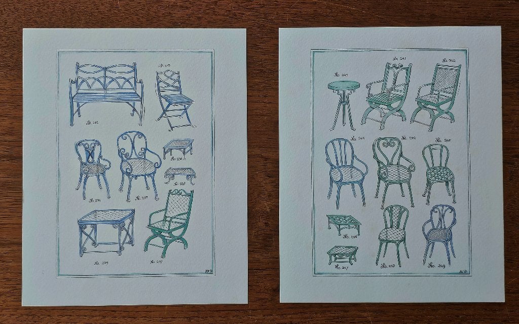 2 prenten met afbeeldingen van oude tuinstoelen, Ophalen of Verzenden, Voor 1940, Gebruikt, Overige onderwerpen
