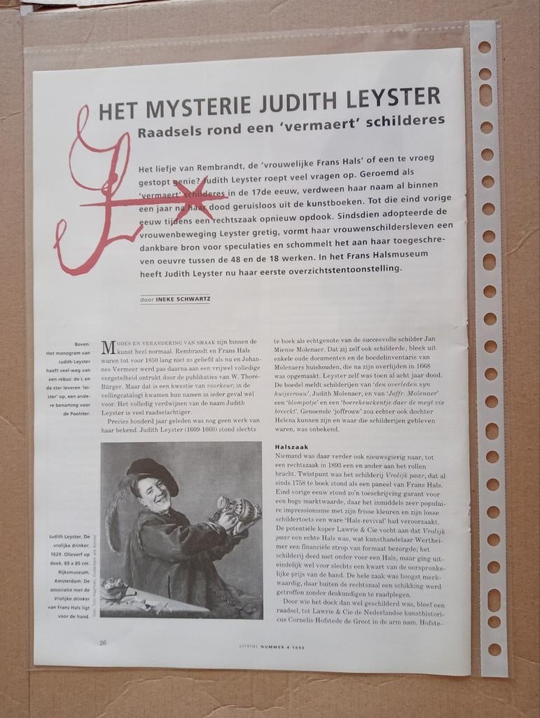 Judith Leyster artikel, Verzamelen, Tijdschriften, Kranten en Knipsels, Ophalen of Verzenden, 1980 tot heden, Knipsel(s)
