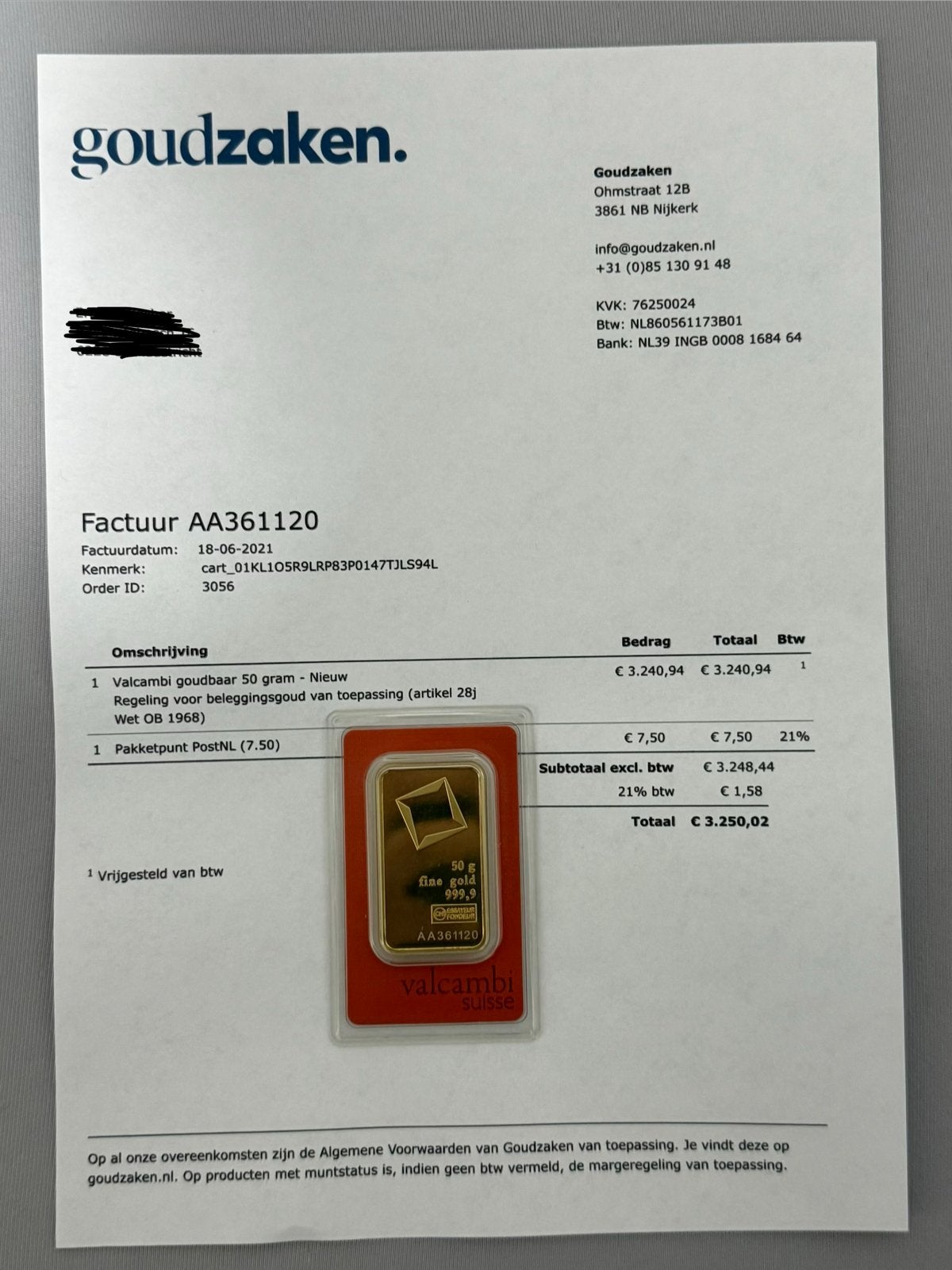 Valcambi Suisse 50g Goudbaar – Nieuw - Met Factuur, Ophalen of Verzenden, Goud