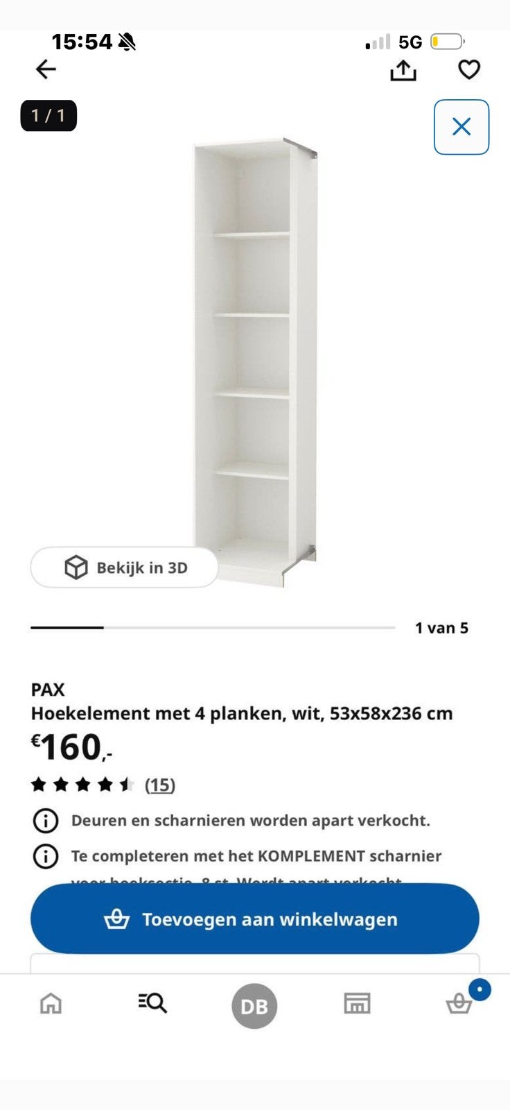 Pax hoek element kast, Ophalen, Met plank(en), Minder dan 50 cm, Gebruikt