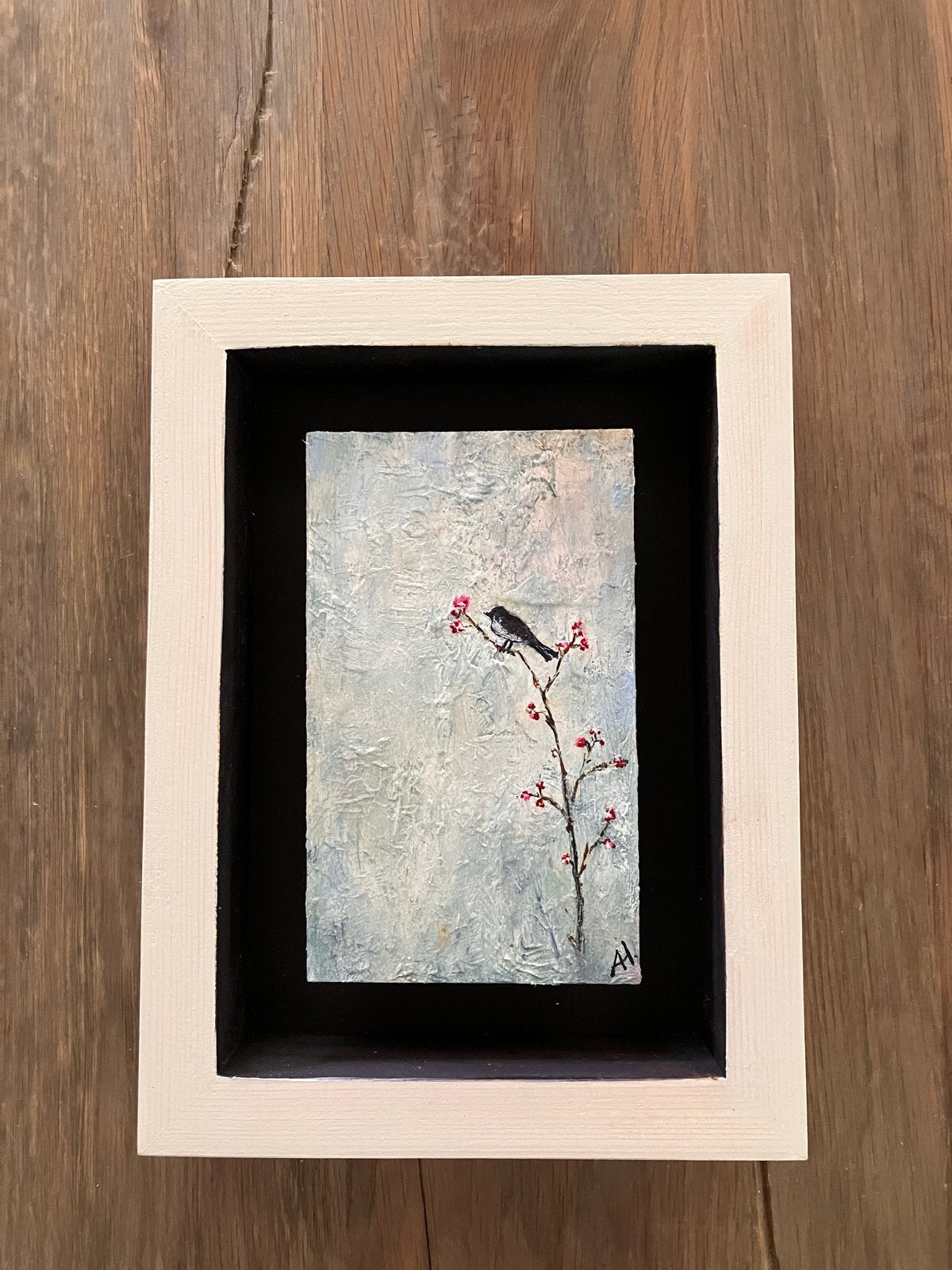 Vogel op takje met besjes - Schilderij in lijst, Ophalen of Verzenden