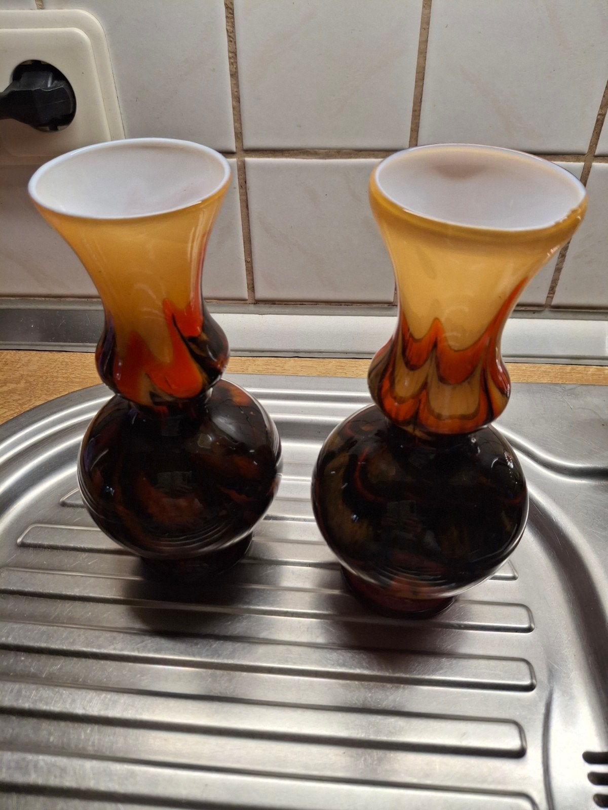 2 retro  glazen  vazen hoogte  22cm gaaf, Ophalen of Verzenden