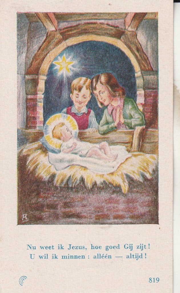 Vintage prentje: Geboorte van Jezus met Kinderen, Ophalen of Verzenden, Gebruikt, Kaart of Prent, Christendom | Katholiek