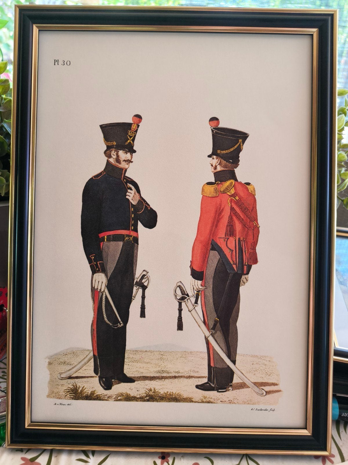 Historische militaire prent: Twee officieren met sabels, Antiek en Kunst, Kunst | Tekeningen en Foto's, Ophalen of Verzenden, Print