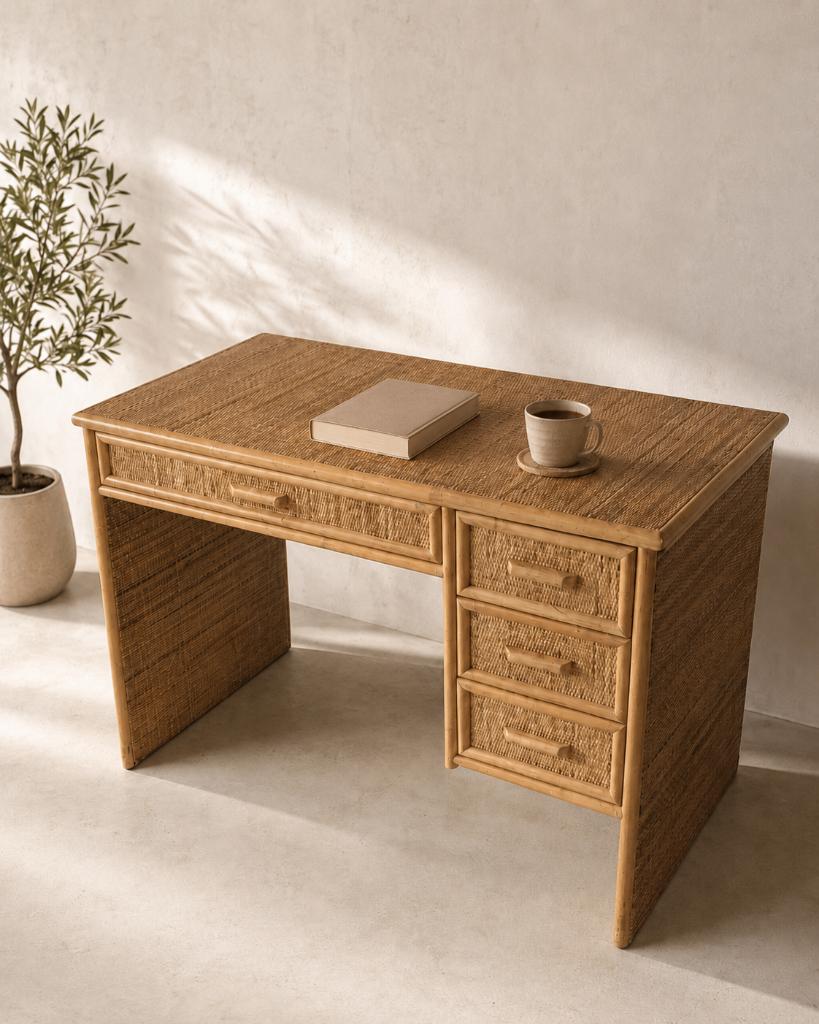 Boho Chic bureau van bamboe en rotan, Huis en Inrichting, Bureaus, Ophalen