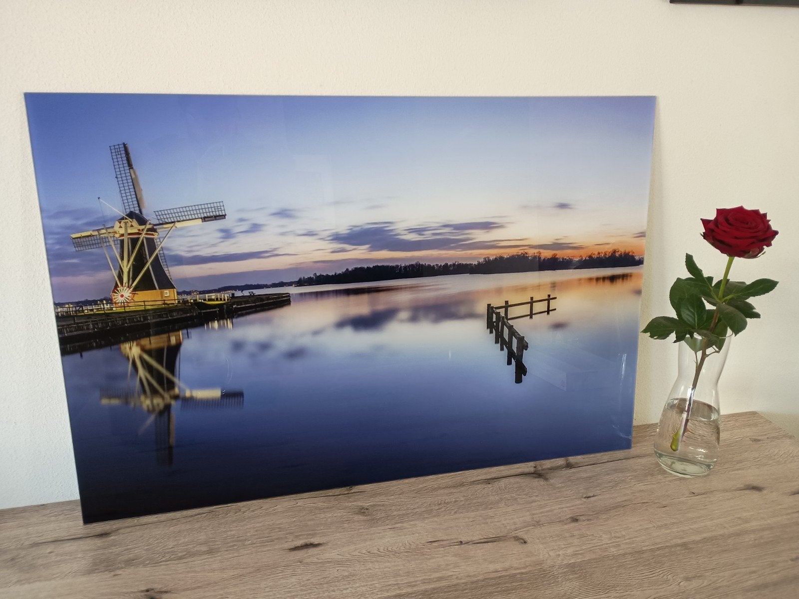 Grote wanddecoratie Hollandse molen bij zonsondergang 90x60, 50 – 75, Nieuw, Ophalen of Verzenden, Print