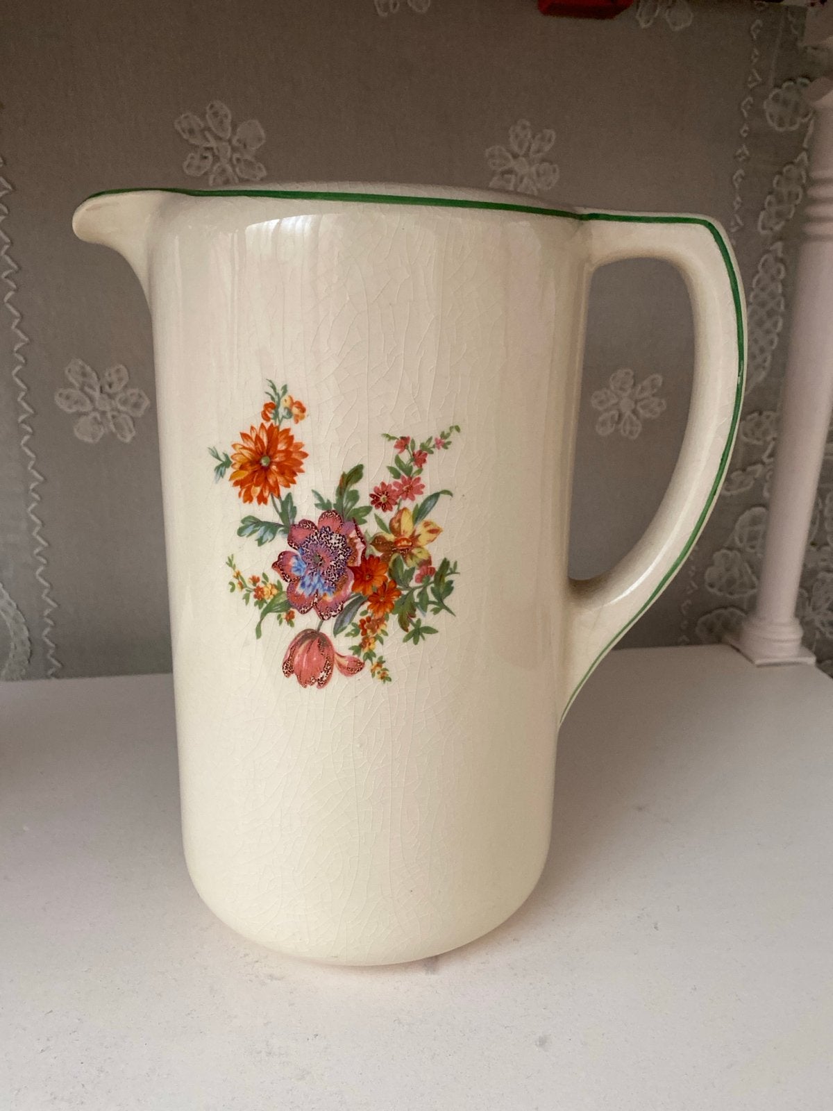 Vintage brocante Crèmekleurige kan  met bloemenprint, Ophalen