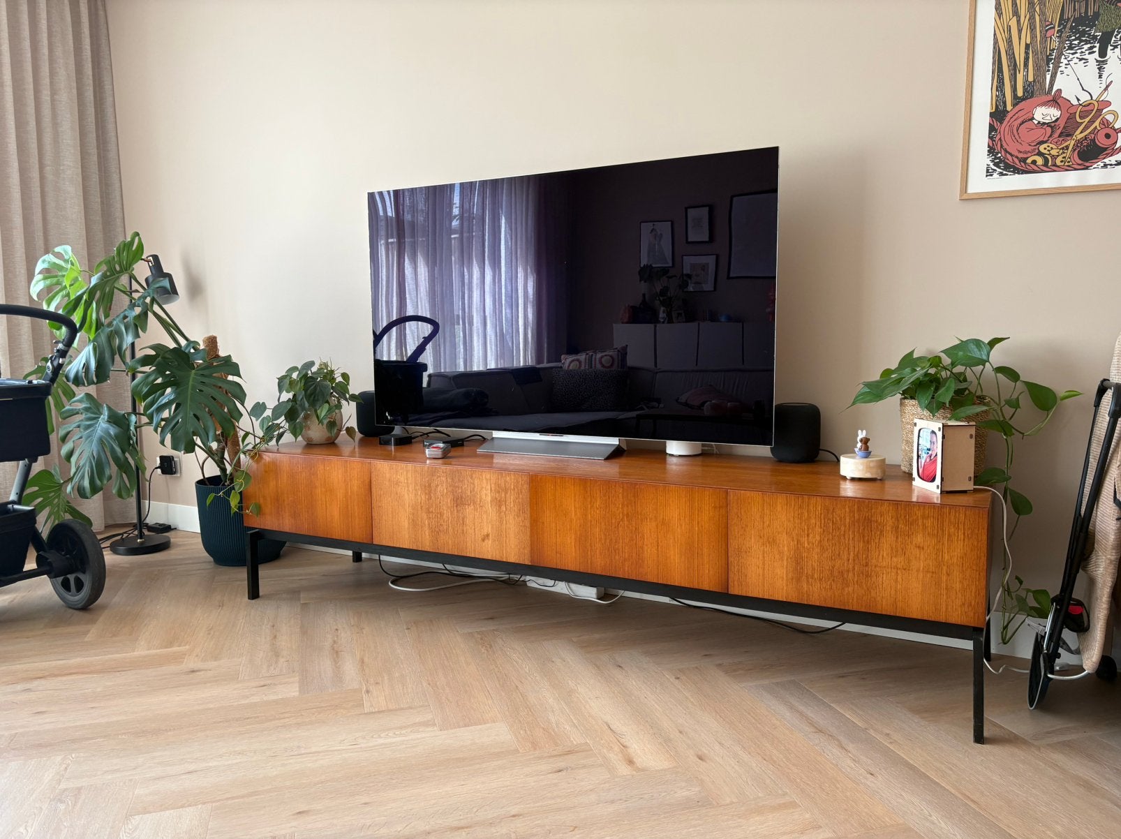 Vintage Teakhouten Dressoir TV-meubel mid century lowboard, Ophalen, Gebruikt, Teakhout, 200 cm of meer