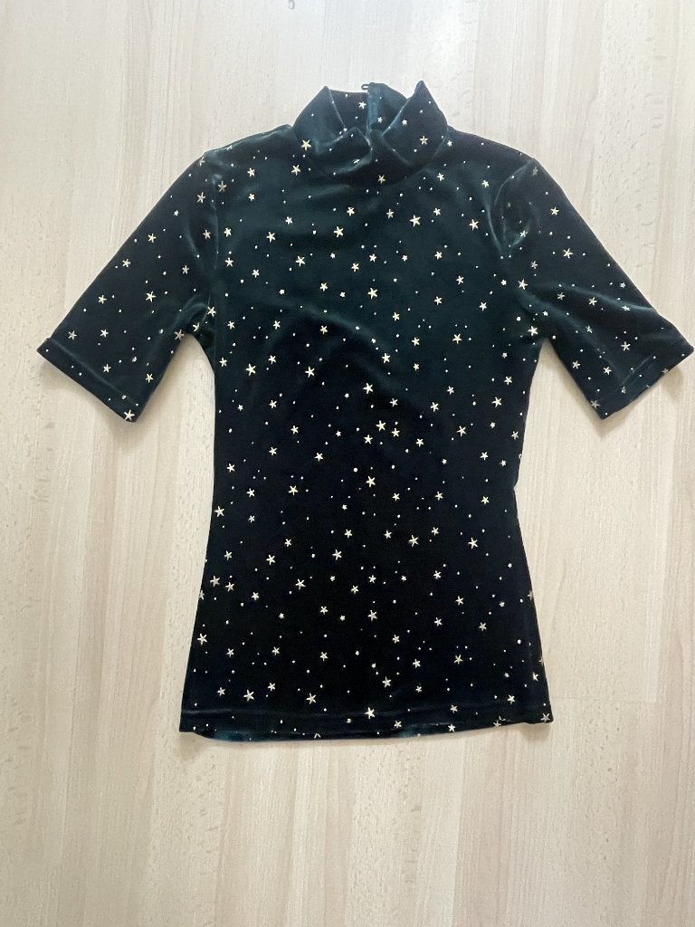 Loavies Dark Green Velvet Star Print Mock Neck Top, Verzenden, Korte mouw, Maat 34 (XS) of kleiner, Groen