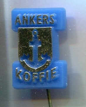 ANKERS koffie goud op blauw plastic speldje ( L_009), Ophalen of Verzenden, Zo goed als nieuw, Merk, Speldje of Pin