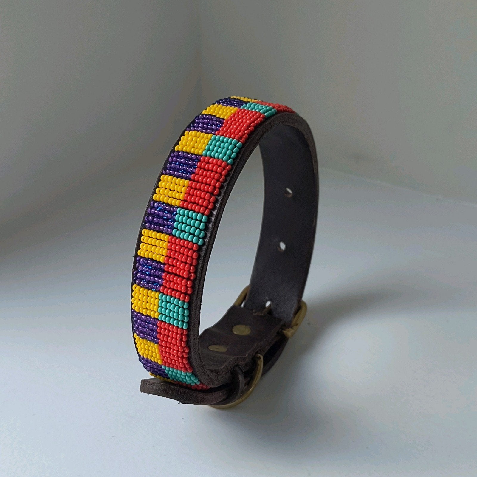 Handgemaakte leren hondenhalsband met kralen – Medium, Ophalen of Verzenden, Nieuw