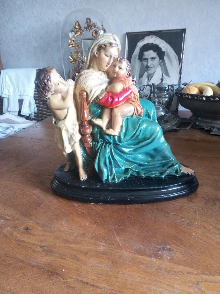 Prachtig antiek beeld Heilige Maria met kindje en Johannes, Antiek en Kunst, Antiek | Religie, Ophalen of Verzenden