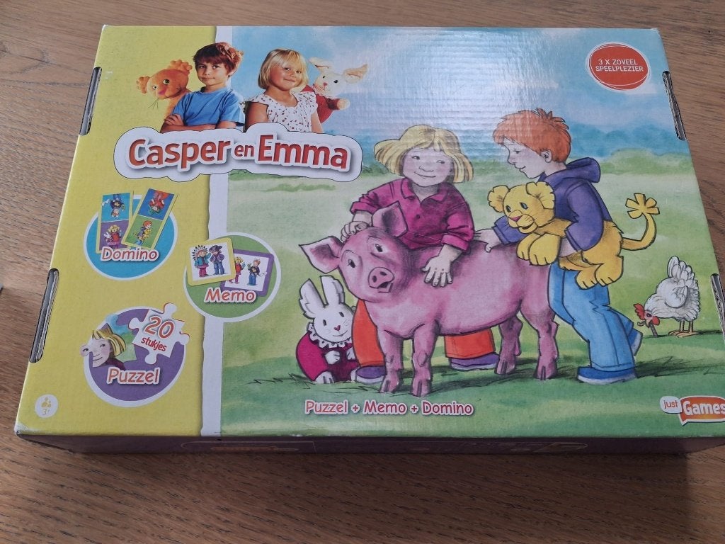 Casper en Emma 3 in 1 | Puzzel, memo en domino | Compleet, Ophalen of Verzenden, 10 tot 50 stukjes, Gebruikt, 4 tot 6 jaar