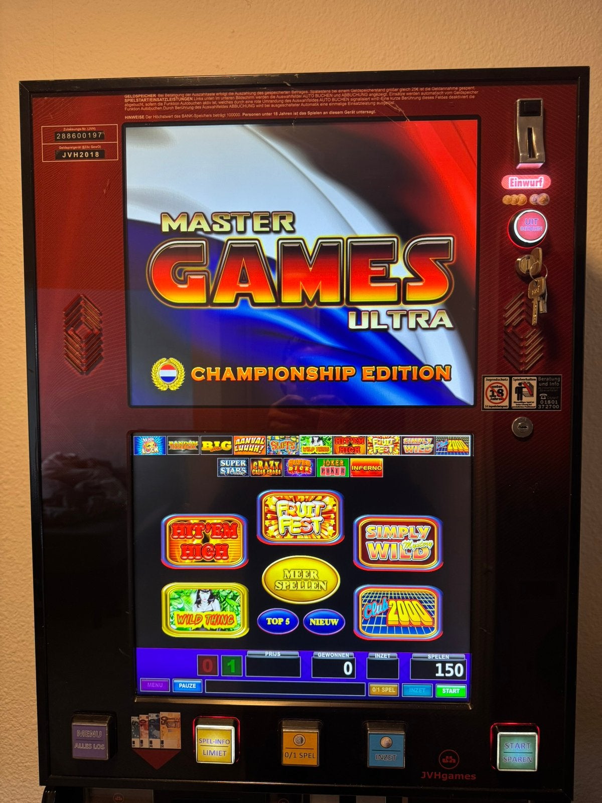 Master Games Ultra Championship Edition wandgokkast., Verzamelen, Automaten | Gokkasten en Fruitautomaten, Euro, Ophalen, Zo goed als nieuw