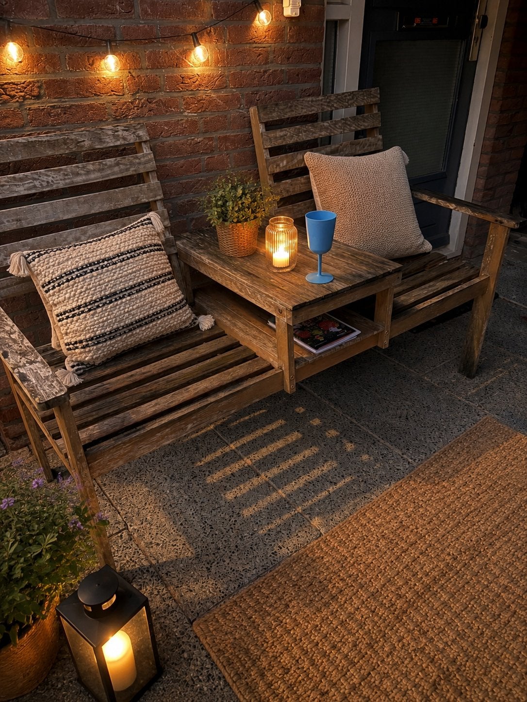 Houten tuinbank met tafeltje - 2 zitplaatsen, Gebruikt, Hout, Ophalen, 2 zitplaatsen