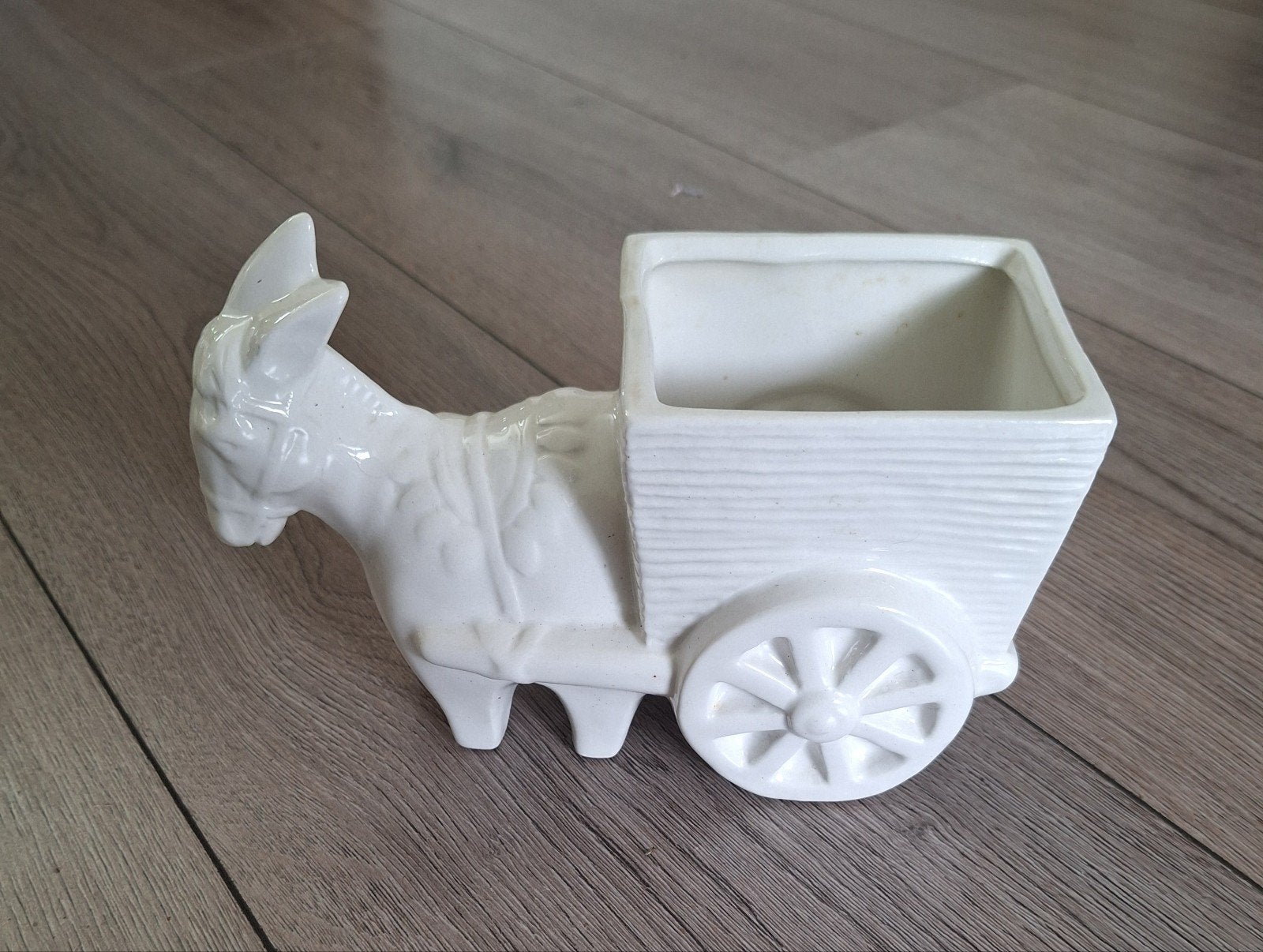 Vintage witte ezel met kar plantenbak – 19 cm, Vierkant, Ophalen of Verzenden, Zo goed als nieuw, Aardewerk