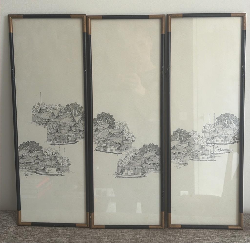 3-luik / vintage schilderij / tekening in lijst / Aziatisch, Ophalen of Verzenden