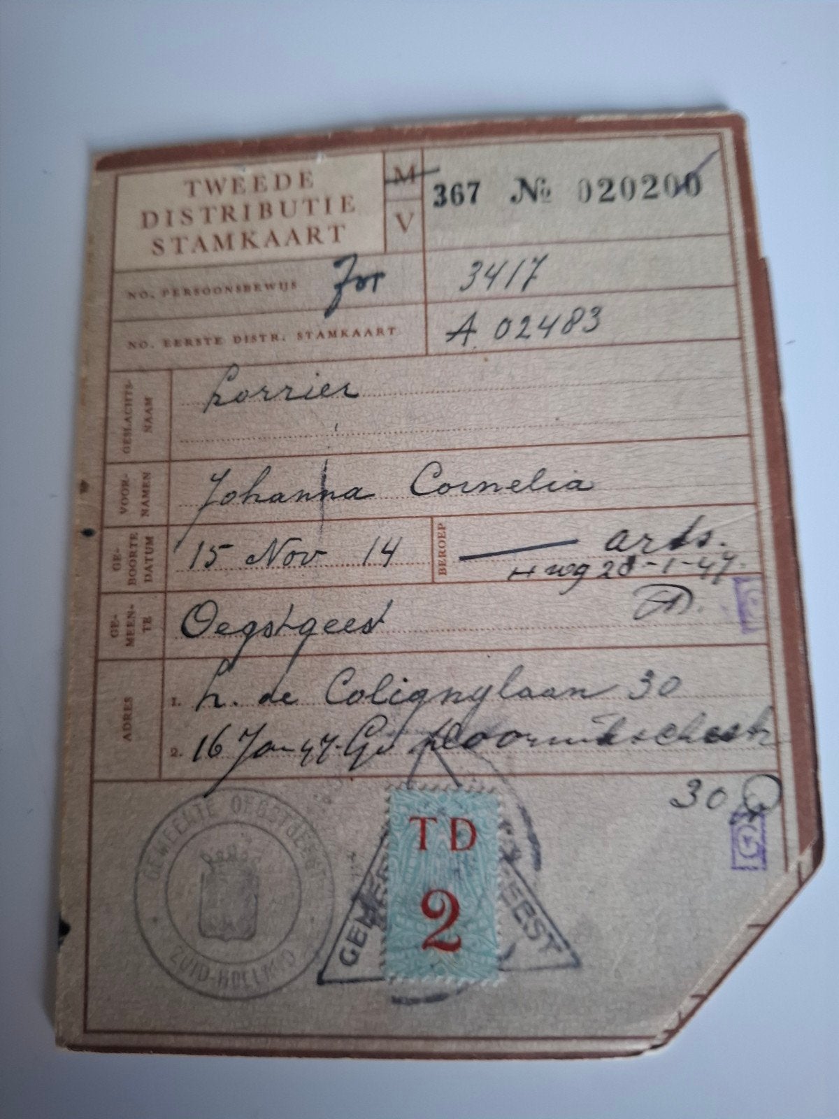 Distributie stamkaart document Oegstgeest bonkaart wo2, Verzamelen, Militaria | Tweede Wereldoorlog, Ophalen of Verzenden, Duitsland