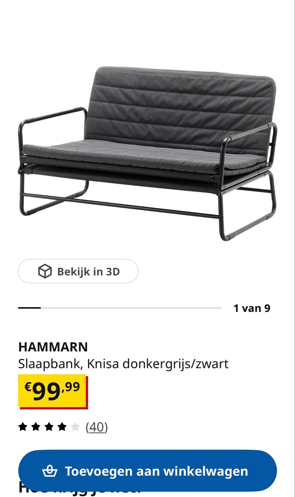 IKEA HAMMARN slaapbank - Donkergrijs/Zwart, Ophalen, 190 cm of minder, Zo goed als nieuw, Twijfelaar