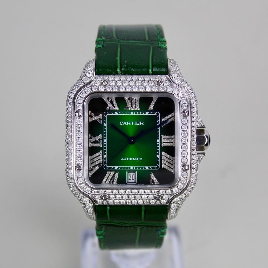 Cartier Santos Large Iced Out - 4072, Overige merken, Cartier, Leer, Staal