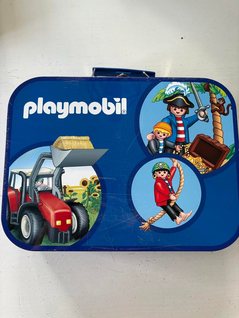Playmobil metalen koffer met 4 puzzels 60-100 stukjes, Ophalen of Verzenden, Gebruikt, Jongen of Meisje