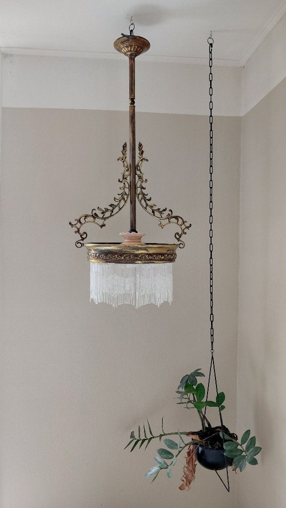 Art nouveau hanglamp messing, glas en kralen, Ophalen, Vintage, E27 (groot), Zo goed als nieuw