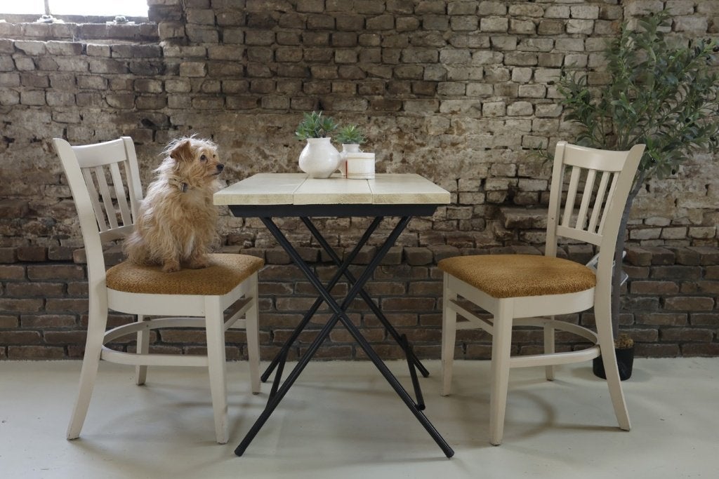 Set van 4 witte bistrostoelen met boucle zitting, Ophalen, Hout, Gebruikt, Overige kleuren