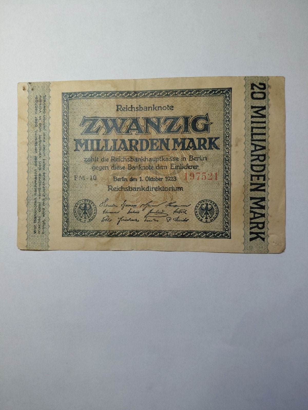 Duitse 20 miljarden mark 1923, Postzegels en Munten, Bankbiljetten | Europa | Niet-Eurobiljetten, Ophalen of Verzenden, Duitsland