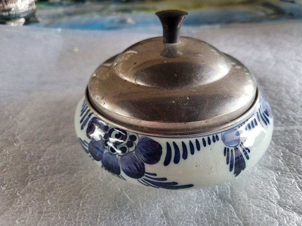 Antieke Delfts Blauwe Suikerpot met Zilveren Deksel, Ophalen