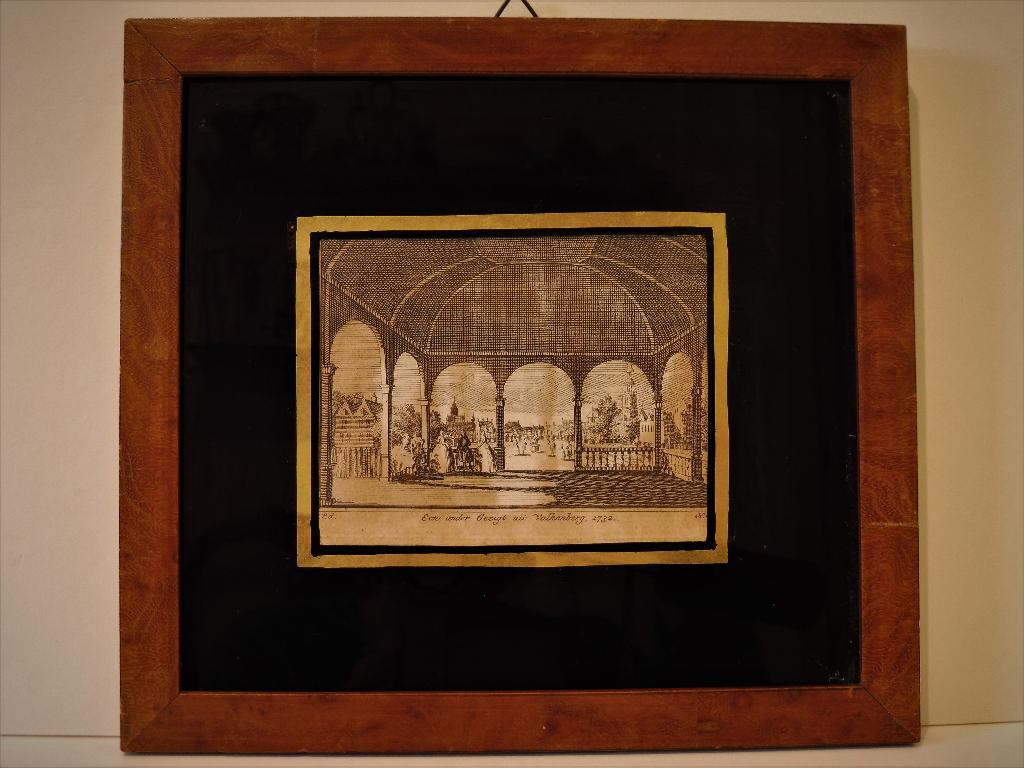 BREDA stadspark ets Een ander gezigt uit Valkenberg, 1732., 18 cm, Ets, Stadsgezicht, Ingelijst