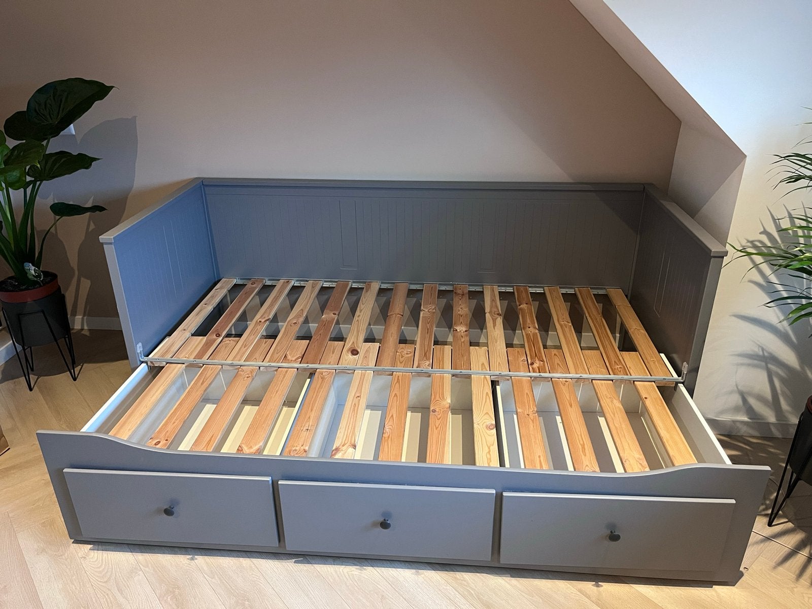 IKEA Hemnes Bedbank met 3 lades - Grijs, Ophalen, Gebruikt, Tweepersoons, 80 cm