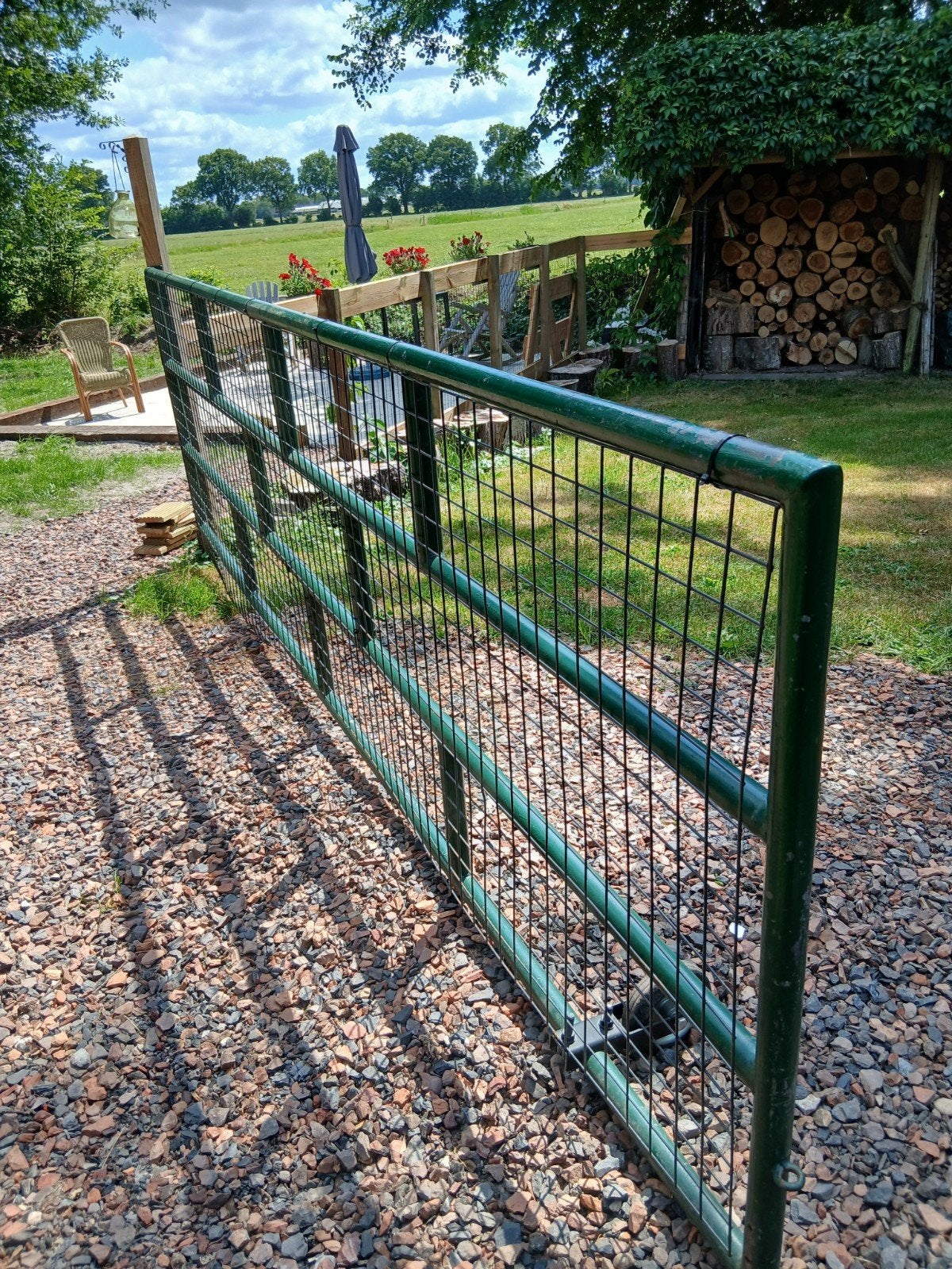 Groen zwaar hekwerk met beslag, 340x100 cm, Met poort, Gebruikt, Overige typen, Ophalen of Verzenden