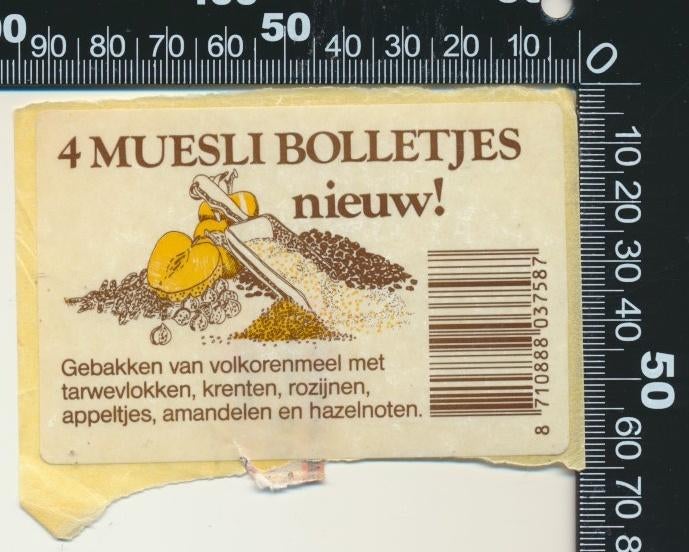 Sticker: 4 Muesli Bolletjes (2), Ophalen of Verzenden, Zo goed als nieuw, Bedrijf of Vereniging