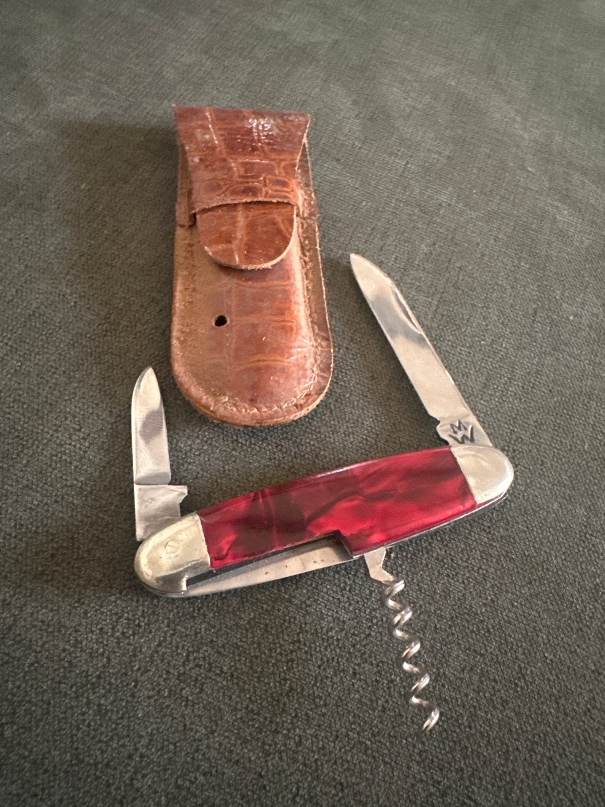 Vintage zakmes met kurkentrekker en leren etui, Ophalen of Verzenden