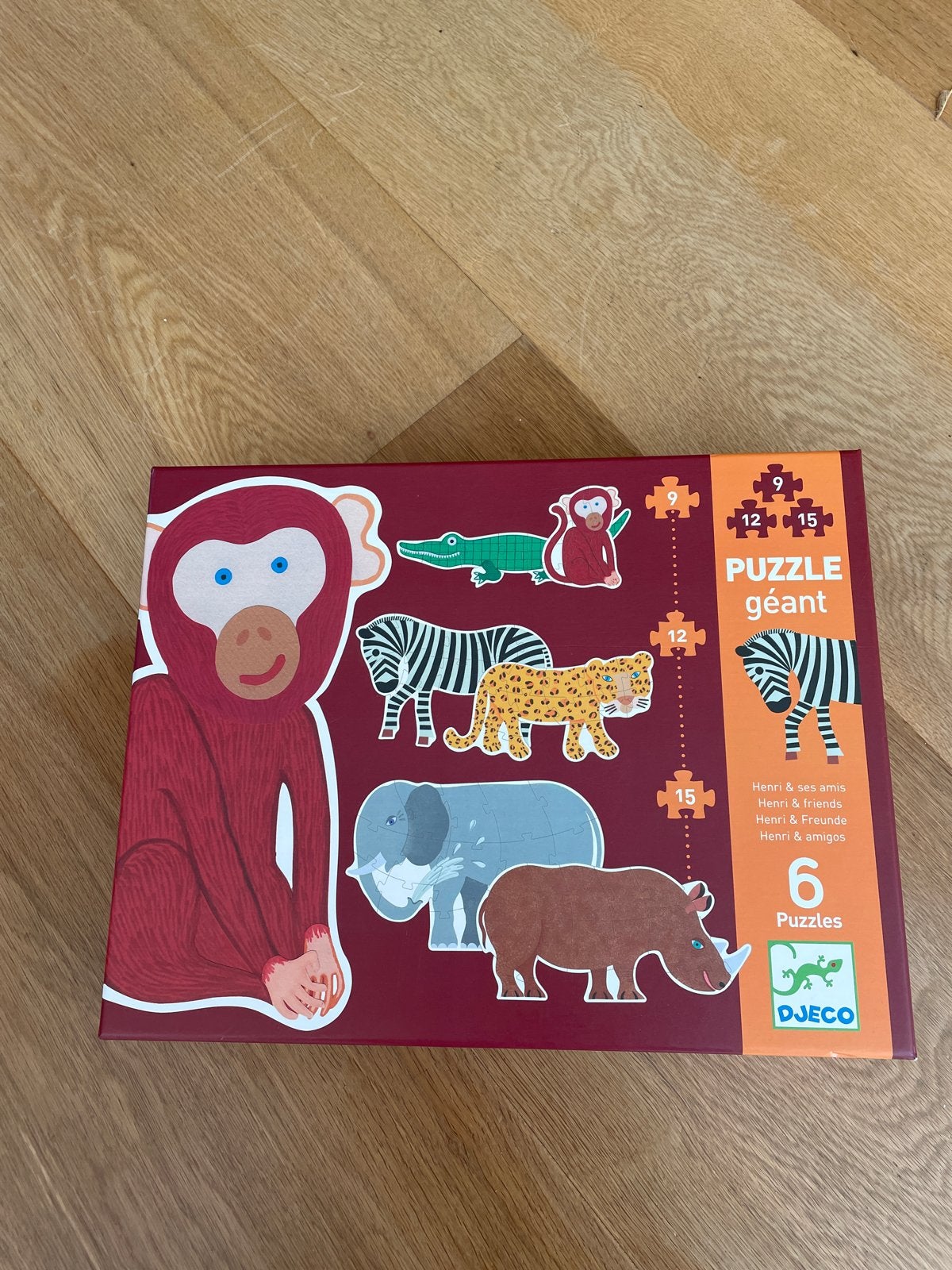Djeco Reuzenpuzzel Henri & zijn vrienden (6 puzzels), Ophalen, 10 tot 50 stukjes, Zo goed als nieuw, 2 tot 4 jaar