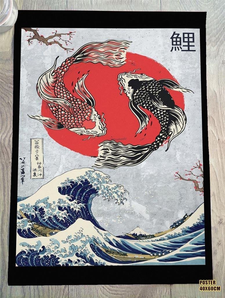 The Great Wave Koi Vis Kunst Poster Ukiyo E, Verzenden, Nieuw, A1 t/m A3, Film en Tv