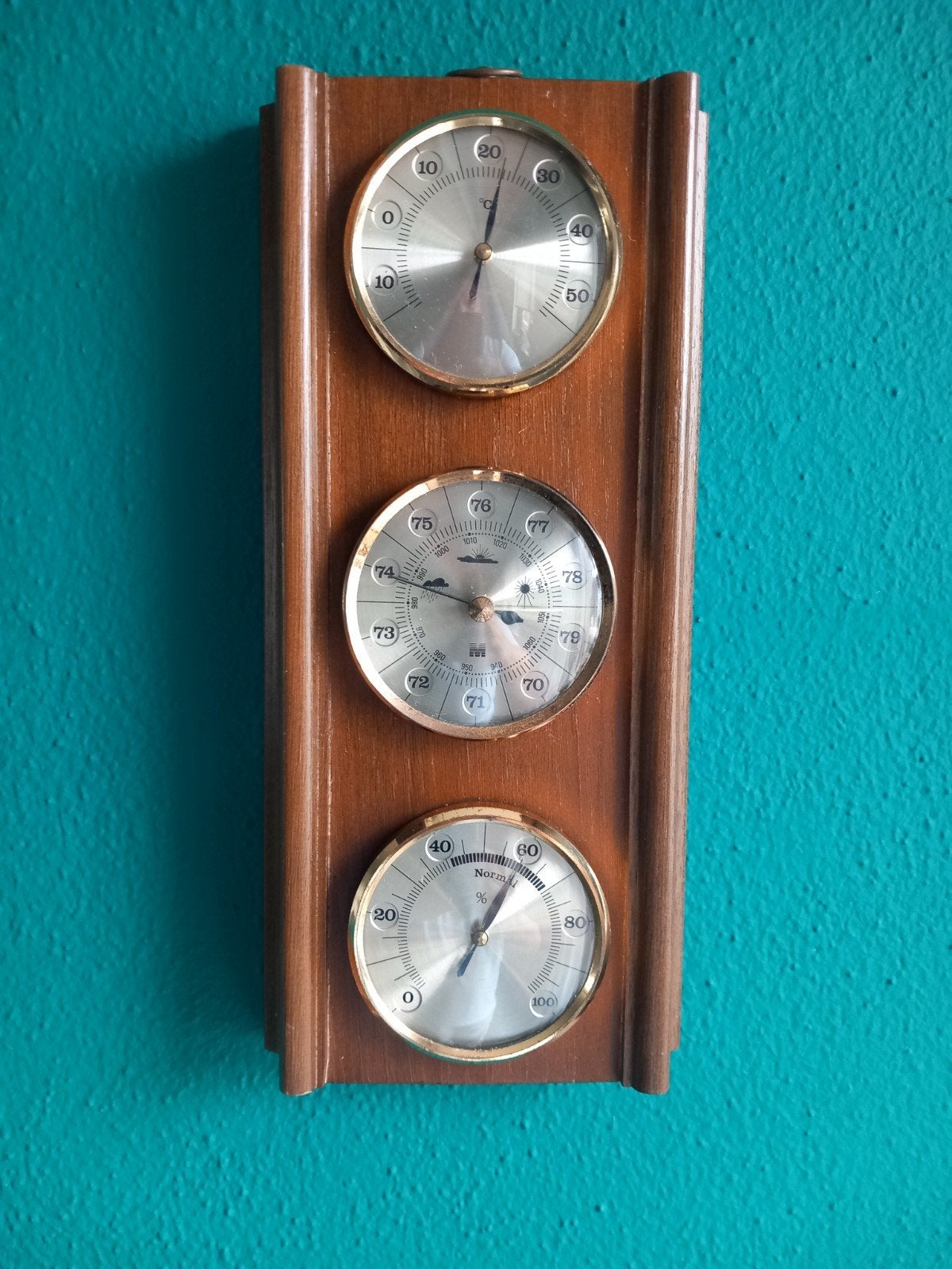 Vintage weerstation met thermometer, barometer en hygrometer, Ophalen of Verzenden, Gebruikt, Weerstation
