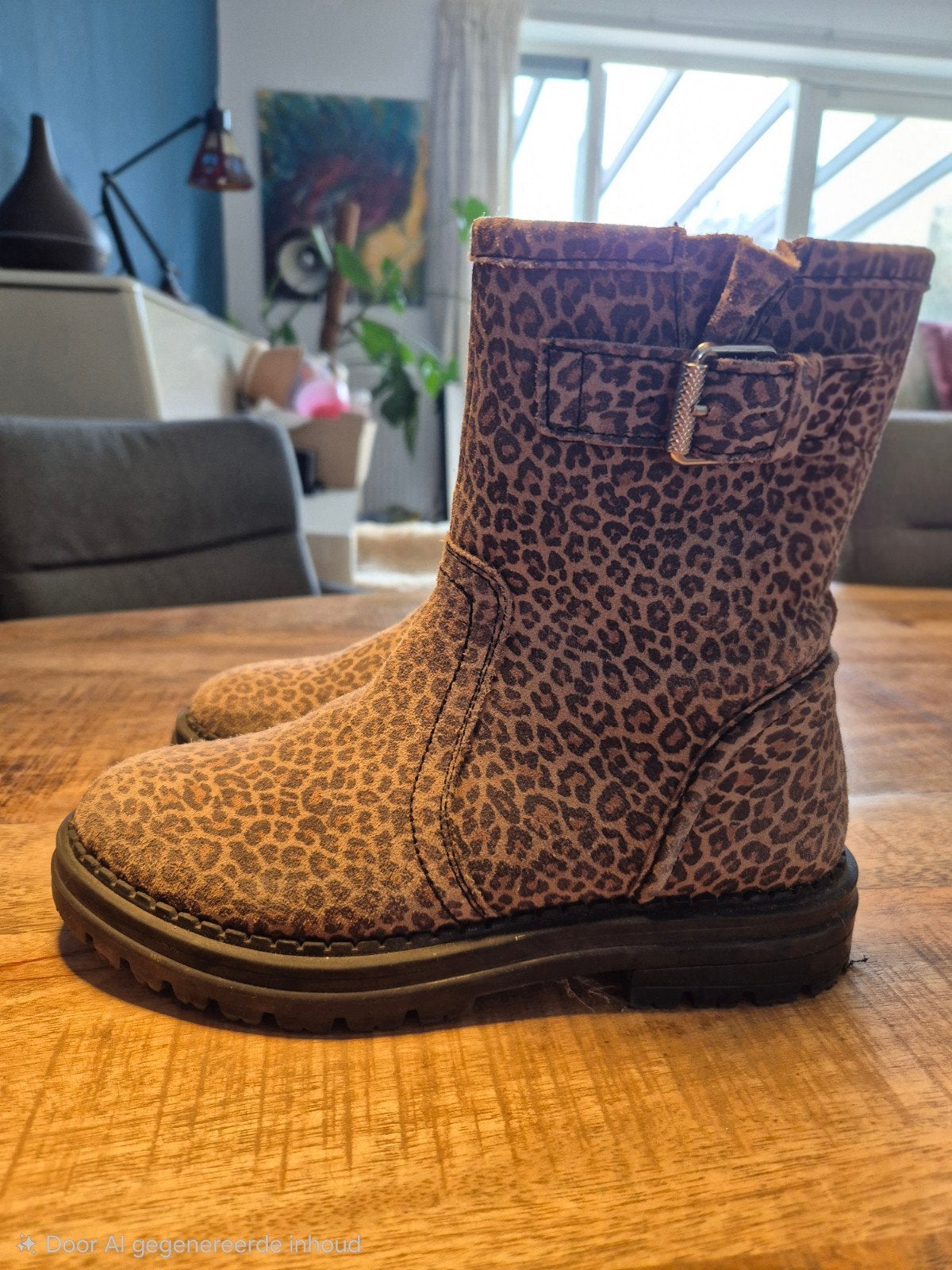 Suede kinderlaarzen met luipaardprint - Echt leer, mt 33, Gebruikt, Meisje, Ophalen of Verzenden, Laarzen