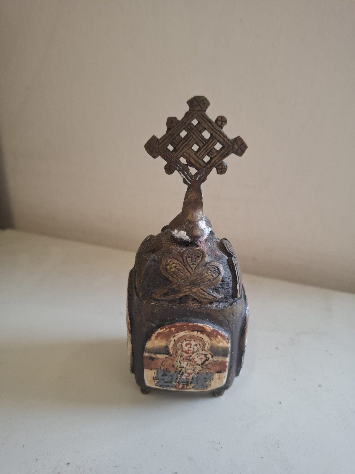Religieus Bronzen/Messing Object met Ethiopisch Kruis, Ophalen of Verzenden