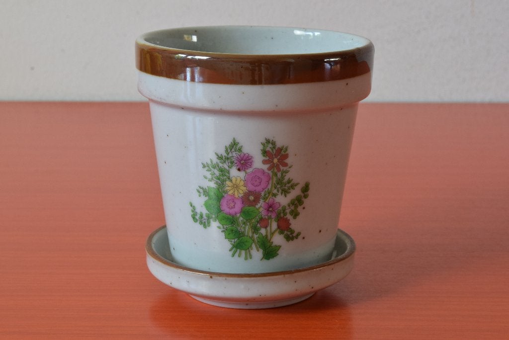 Retro vintage jaren 70 Wildflower bloempot met onderschotel, Ophalen of Verzenden