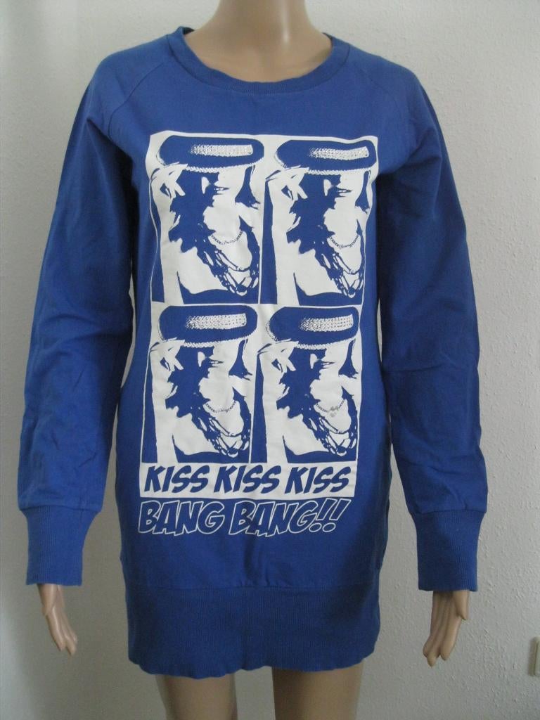 maat M, 1 blauwe longsleeve, met opdruk en steentjes, 76 cm., Maat 38/40 (M), Hot Street, Blauw, Ophalen of Verzenden