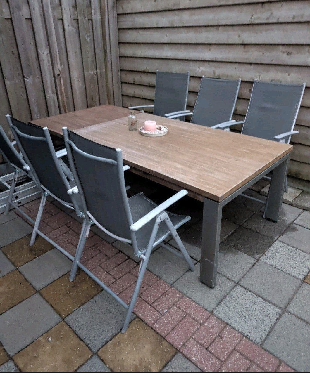 Tuinset met 6 stoelen (uitschuifbare tafel), Tuin en Terras, Ophalen, Gebruikt, 6 zitplaatsen, Aluminium