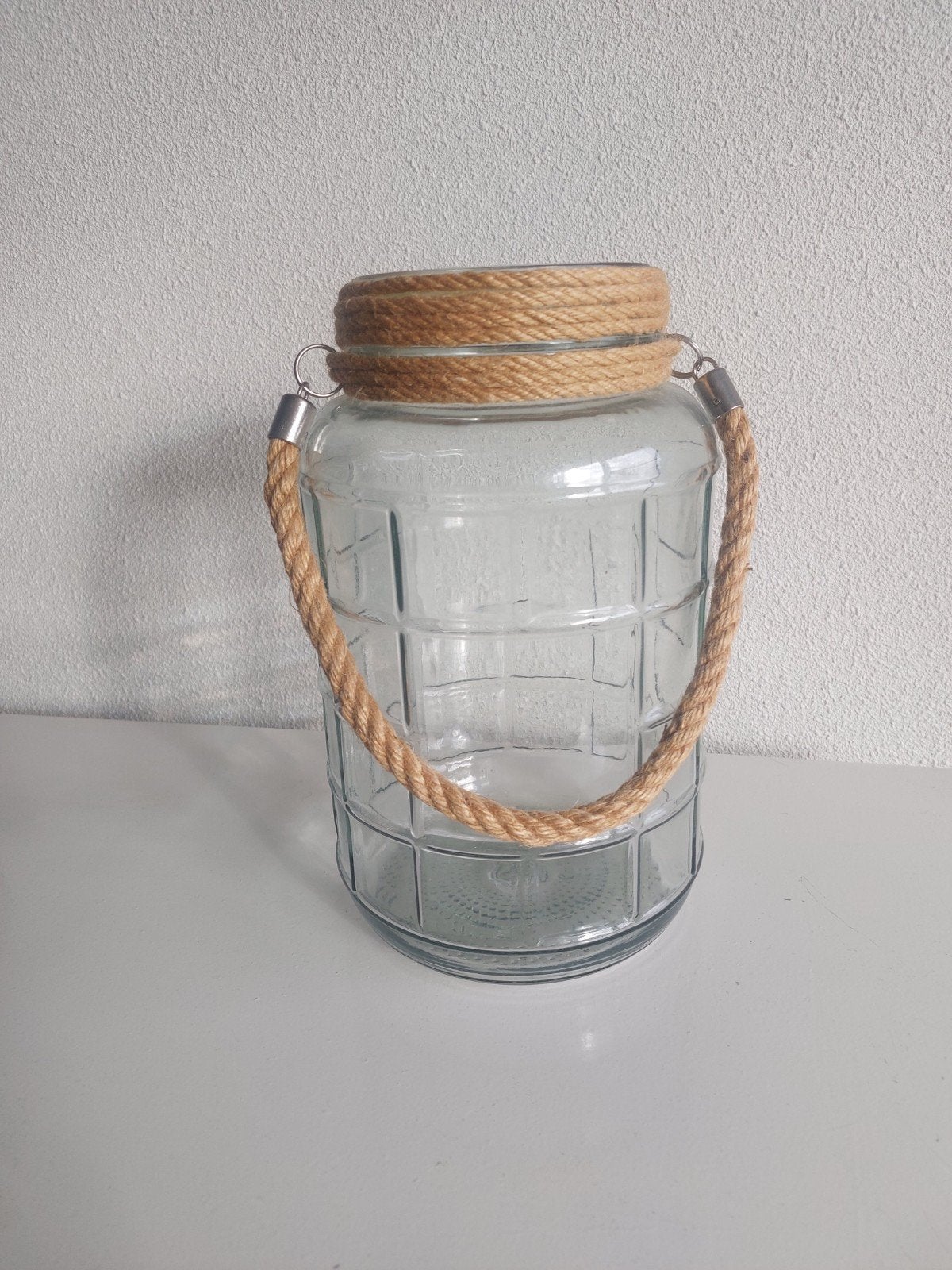 Glazen windlicht met touw handvat - Sfeervolle decoratie, Ophalen of Verzenden, Zo goed als nieuw, Glas, Landelijk