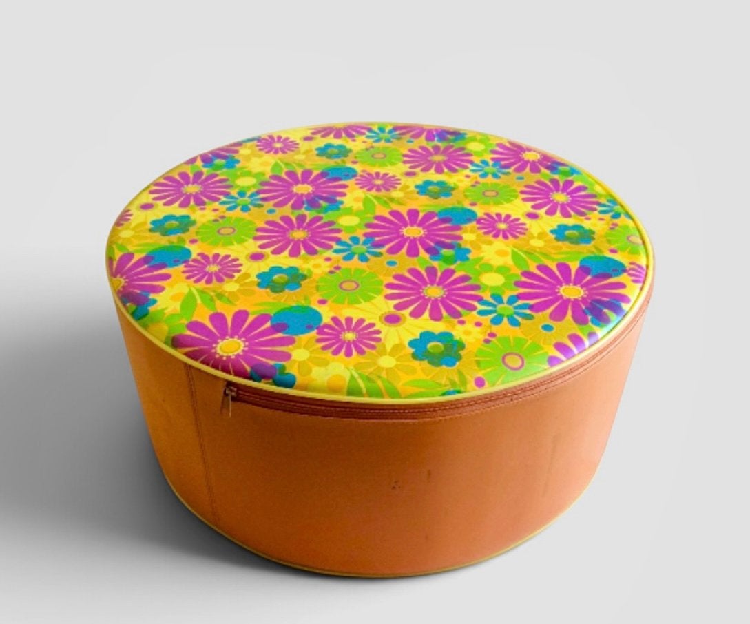 Authentieke Retro Poef met Flower Power Bloemetjes ‘70s, Rond, Ophalen of Verzenden, Zo goed als nieuw, Minder dan 50 cm