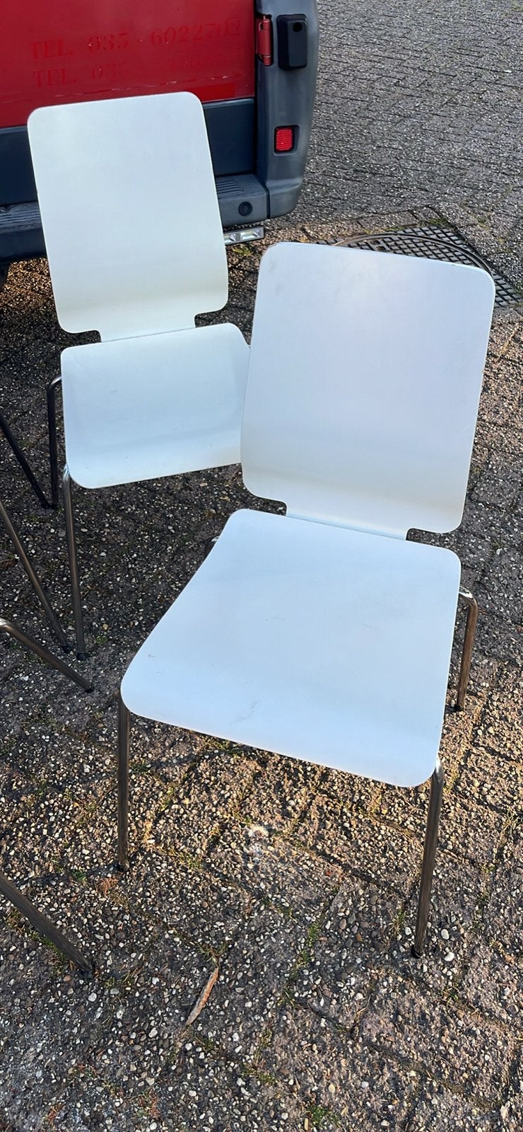 6 Witte houten stoelen met metalen poten, Huis en Inrichting, Stoelen, Ophalen, Gebruikt, Wit, Vijf, Zes of meer stoelen