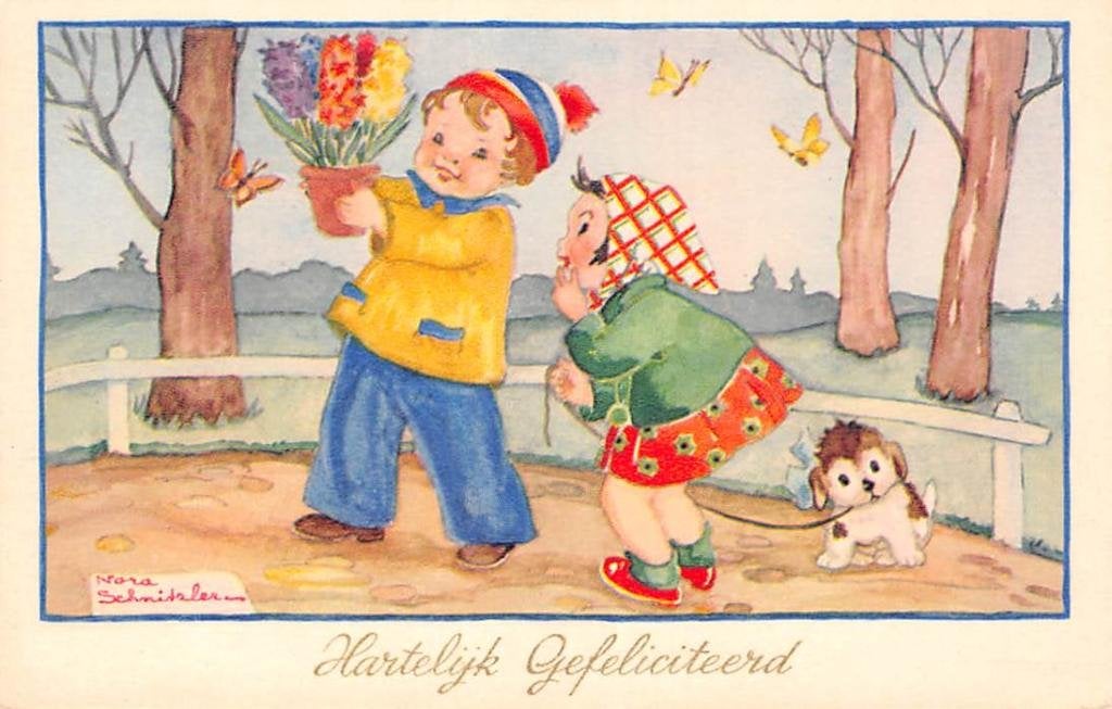 Fantasie Kinderen met cadeau Illustrator Nora Schnitzler, Ophalen of Verzenden, 1920 tot 1940, Gelopen, Kinderen