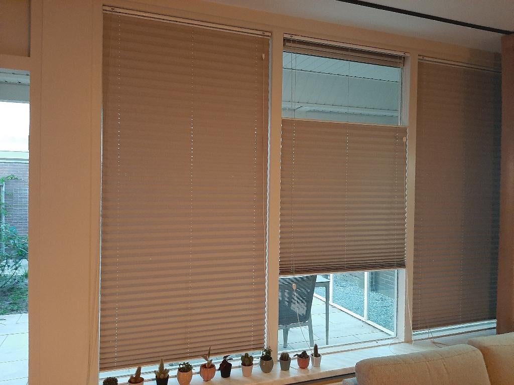 Plisségordijn beige (3 stuks), Huis en Inrichting, Stoffering | Gordijnen en Lamellen, Gebruikt, 150 tot 200 cm, 50 tot 100 cm