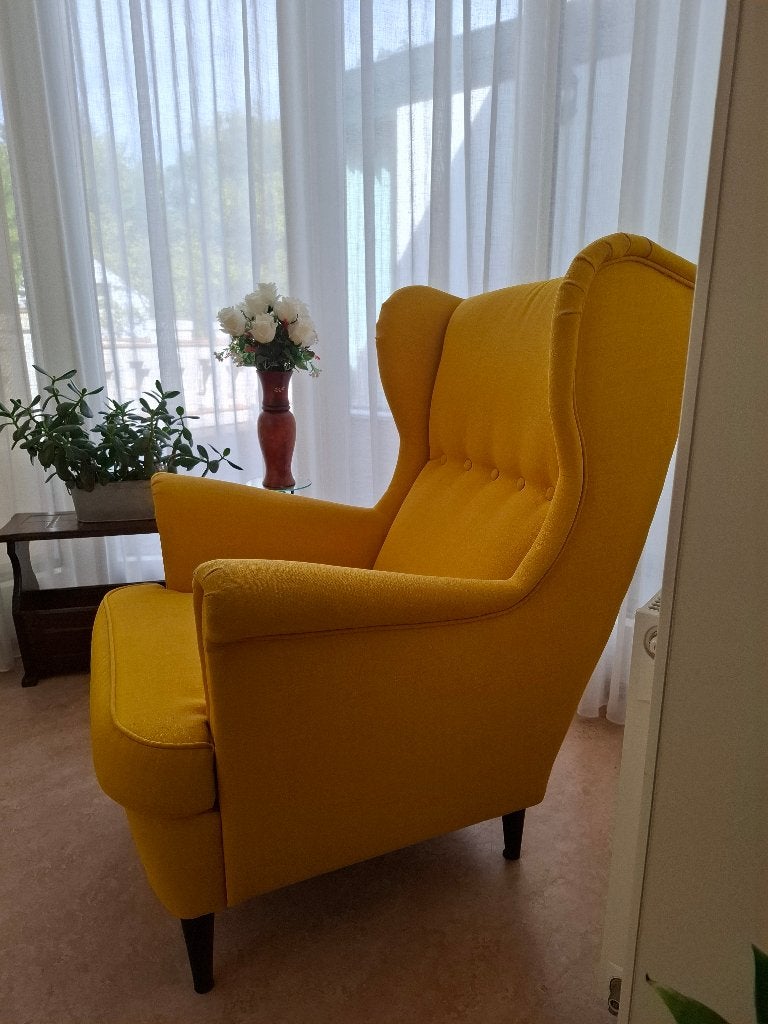 Ikea Strandmon stoel (geel), Huis en Inrichting, Fauteuils, Ophalen, 75 tot 100 cm, Zo goed als nieuw, Stof