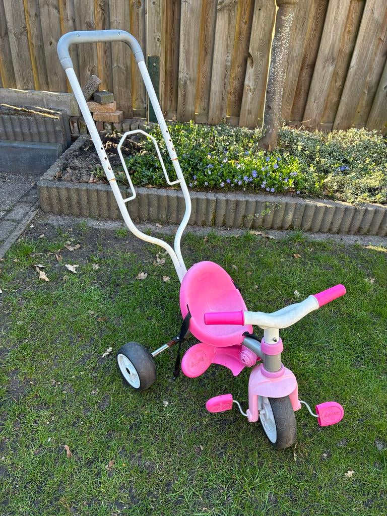 Roze driewieler met duwstang, Ophalen of Verzenden, Gebruikt, Duwstang